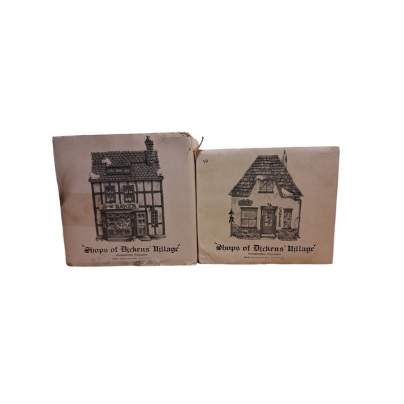 2 Shops of Dickens' Village "Golden Swan Baker" & "Rooms For Let" Building 1984